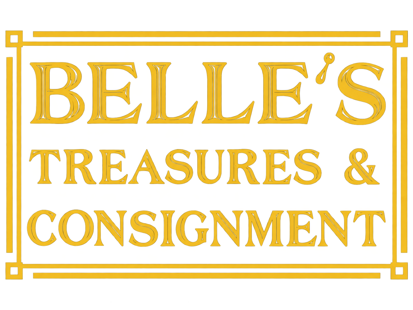 Belle's Treasures & Consignment gold storefront sign